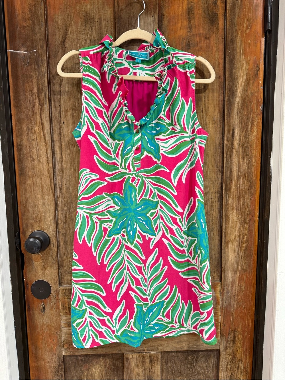 Sleeveless Pink Tropical Print Midi Dress with Ruffle Neckline